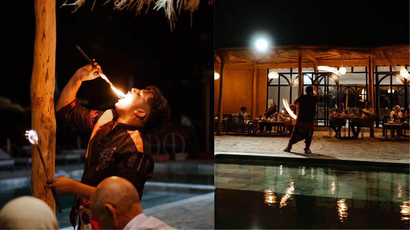 Fire show performance during Moroccan dinner at Agafay Desert camp near Marrakech