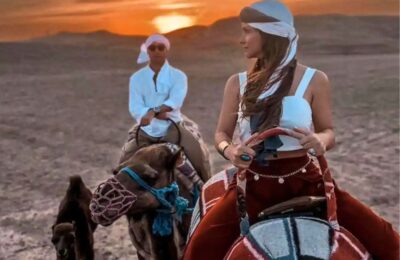 Camel ride at sunset in the Agafay Desert