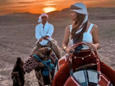 Camel ride at sunset in the Agafay Desert