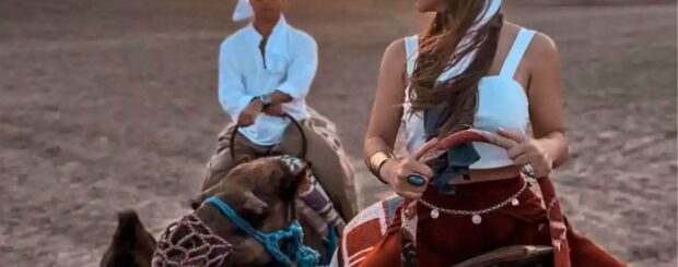 Camel ride at sunset in the Agafay Desert