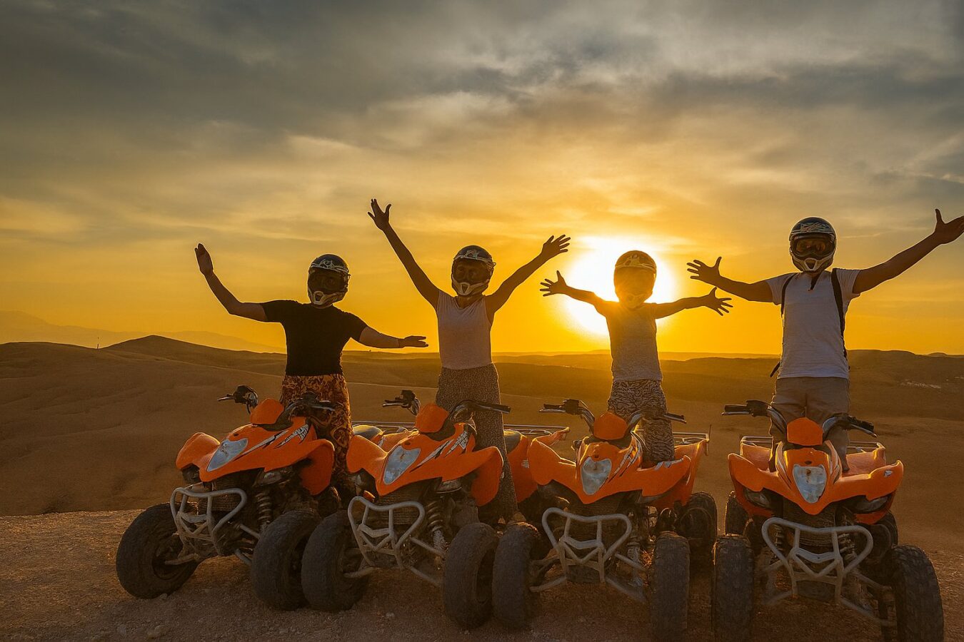 Group of friends enjoying a quad biking tour at sunset in the Agafay Desert near Marrakech, riding orange ATVs with arms raised in celebration against a golden sky.
