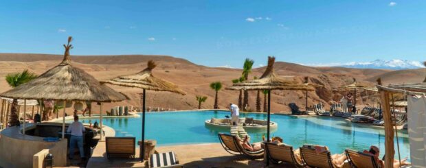 Luxury camp with swimming pool in the Agafay Desert near Marrakech, Morocco.